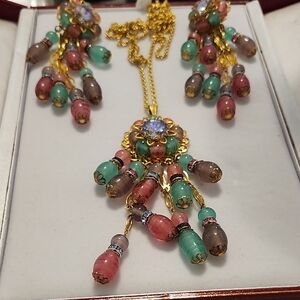 Gold-Tone Multicolor Beaded Dangle Necklace & Earring Set